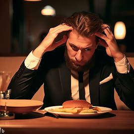 Image of a man in Suit frustrated over his meal.